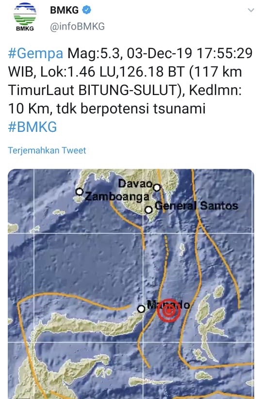 Gempa 5,3 SR Guncang Bitung Sulut