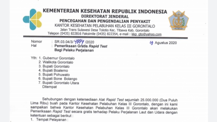 KKP Gorontalo Gratiskan Rapid Test Bagi Penumpang Kapal dan Pesawat