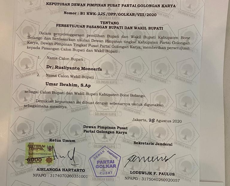 DPP Golkar Setujui Rusliyanto – Umar Maju di Pilkada Bone Bolango