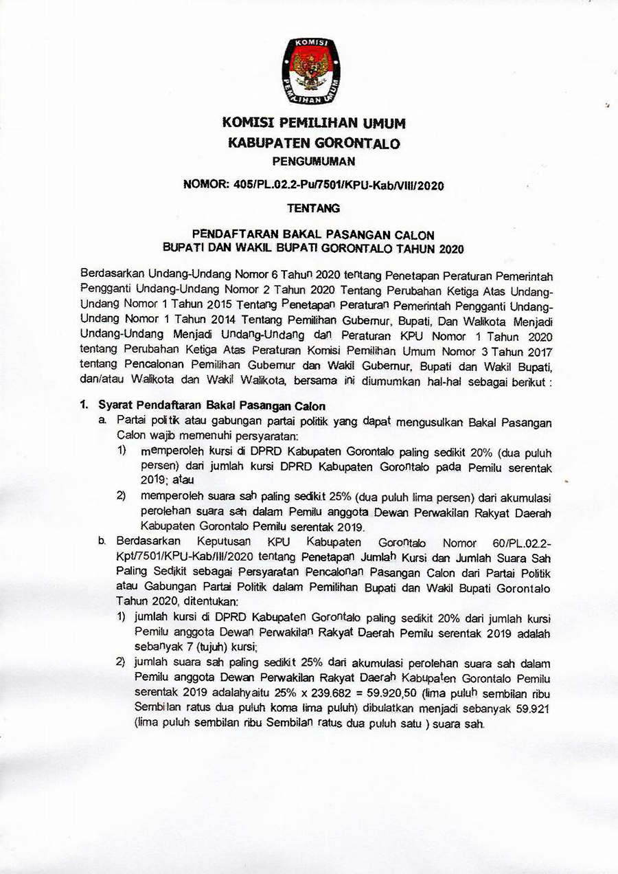 Anda Harus Tahu – Syarat Pendaftaran Calon Kepala Daerah Kabupaten Gorontalo