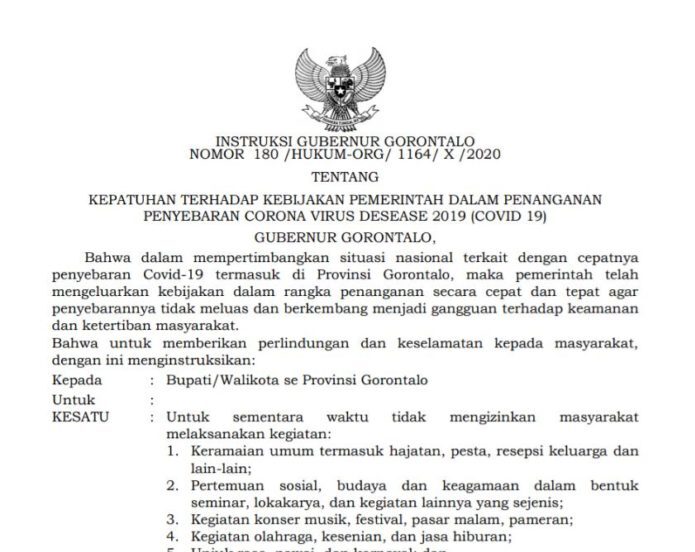 Gubernur Gorontalo Instruksikan Larangan Aktivitas Mengumpulkan Massa