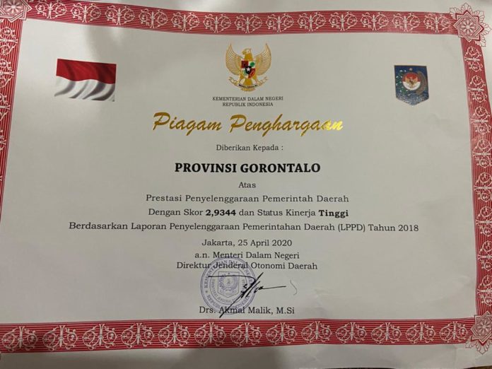 Pemprov Gorontalo Terima Penghargaan LPPD dengan Status Kinerja Tinggi