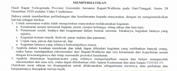 Surat Edaran Gubernur Gorontalo tentang Izin Kegiatan Hajatan Sesuai Protokol Kesehatan, Selasa (29/12/2020).