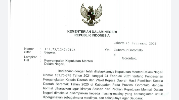 Kemendagri Terbitkan SK Pengangkatan Bupati dan Wabup Gorontalo 2021-2026