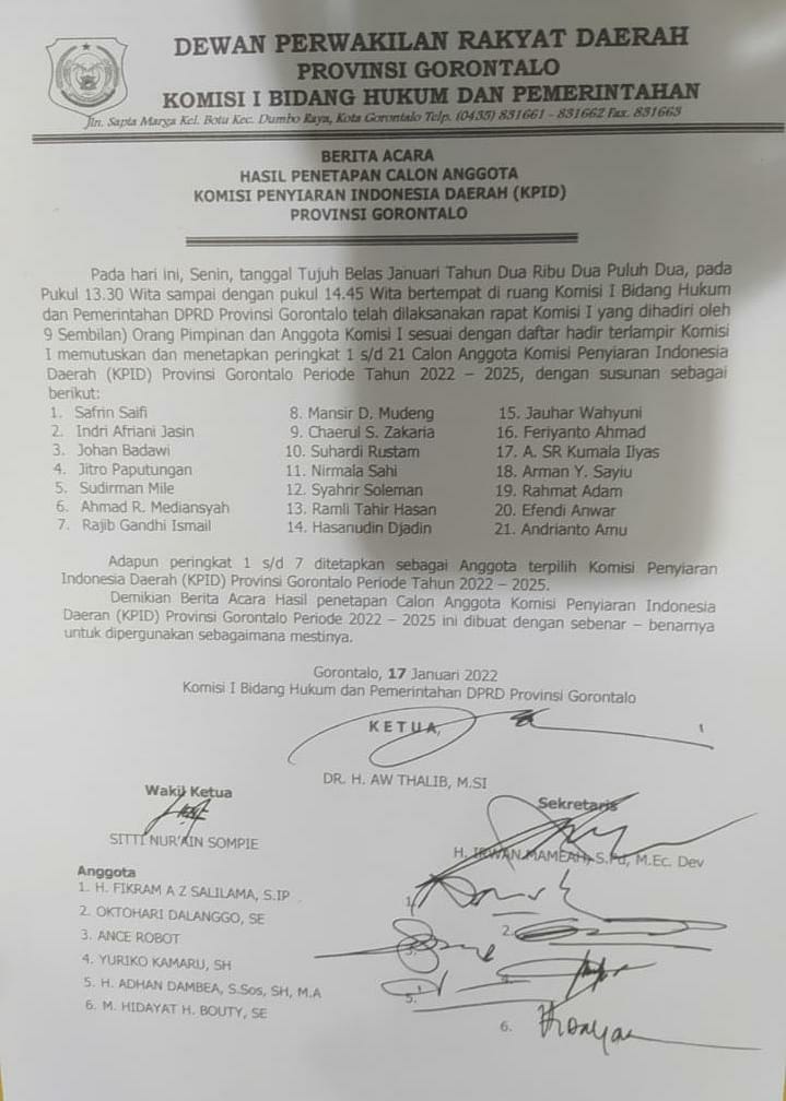 DPRD tetapkan Tujuh Komisioner KPID Provinsi Gorontalo