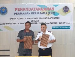 Cegah Penyalahgunaan Narkoba, BNNP Gorontalo dan Kantor UPBU Bandara Jalaluddin Lakukan Perjanjian Kerjasama
