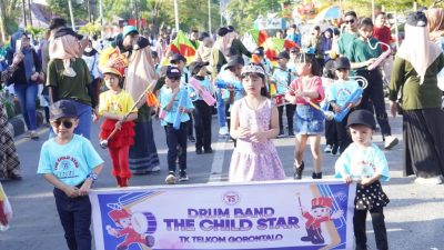 Drum Band TK Telkom Iringi Lomba Gerak Jalan PMI-Pramuka Meriahkan HUT Kota Gorontalo
