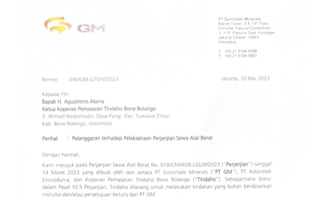 Beredar surat Teguran Gorontalo Minerals ke Koperasi Tindaho