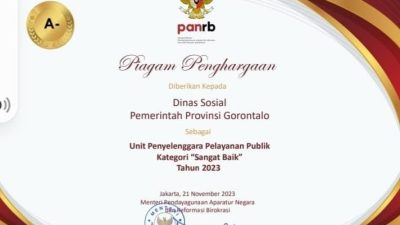 Dinas Sosial Provinsi Gorontalo Raih Penghargaan Sangat Baik