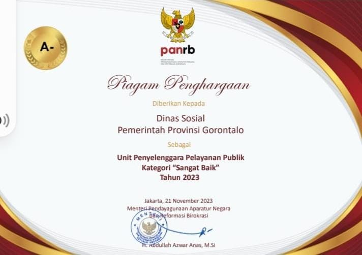 Dinas Sosial Provinsi Gorontalo Raih Penghargaan Sangat Baik