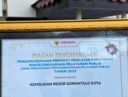 Polresta Gorontalo Kota Raih Penghargaan Kepatuhan Standar Pelayanan Publik 2023 Dari Ombudsman RI