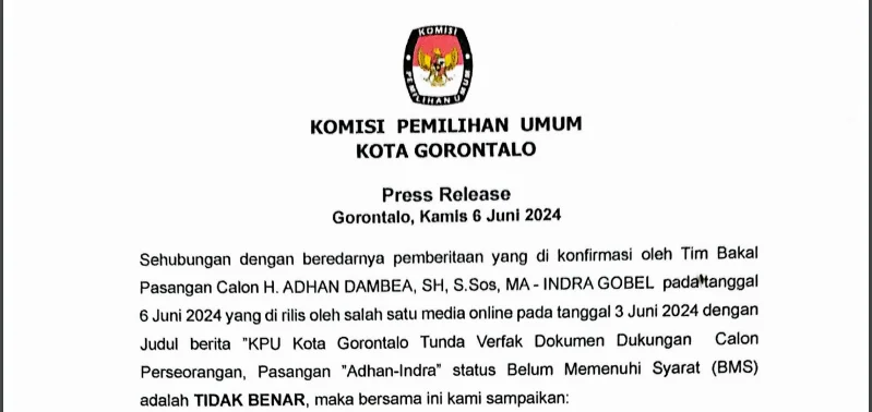 KPU Kota Gorontalo Bantah Paslon AIR BMS