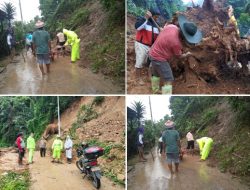 Polsek Telaga Biru Bersama Warga Gotong Royong Bersihkan Material Longsor Di Tiga Desa