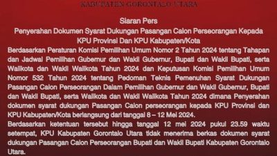 Pendaftaran Calon Perseorangan Pilkada Gorontalo Utara Tutup