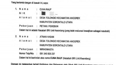 Sertifikat Tak Kunjung Dikembalikan, Kuasa Nasabah Laporkan BRI Unit Kwandang ke Ombudsman